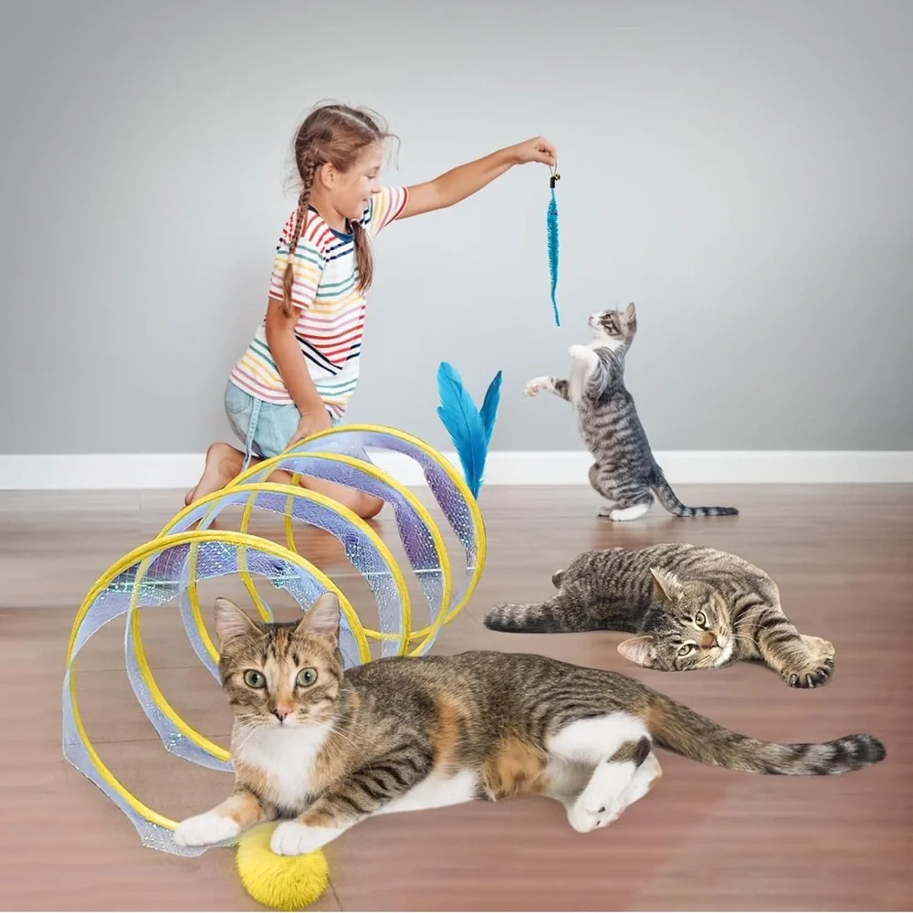 ✨BNWT - Foldable Interactive Cat Tunnel with Bell/Feather/PomPom Balls - Yellow✨